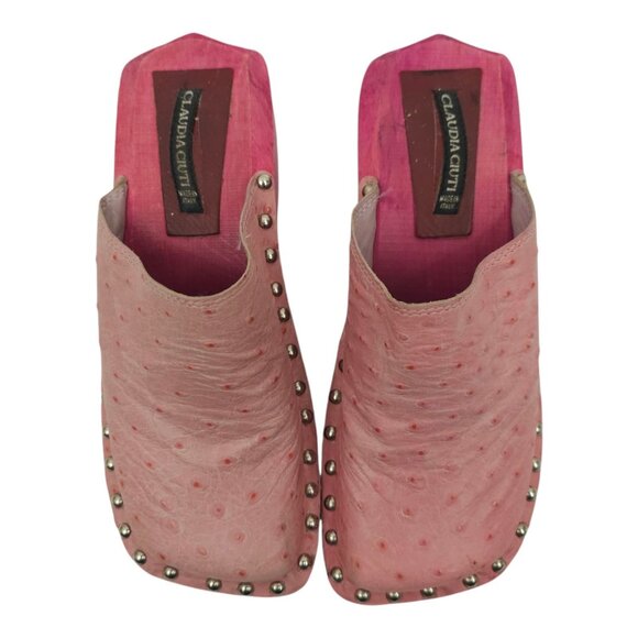 Claudia Ciuti Studded Clogs Mule Women US 6 EU 36 Pink Textured Ostrich Leather - Picture 10 of 16